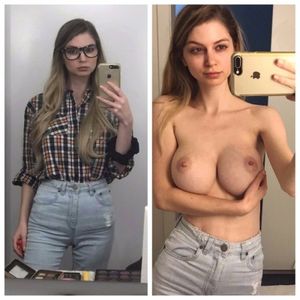 on/off - cute brunette with big boobs dressing room selfie topless with big tits