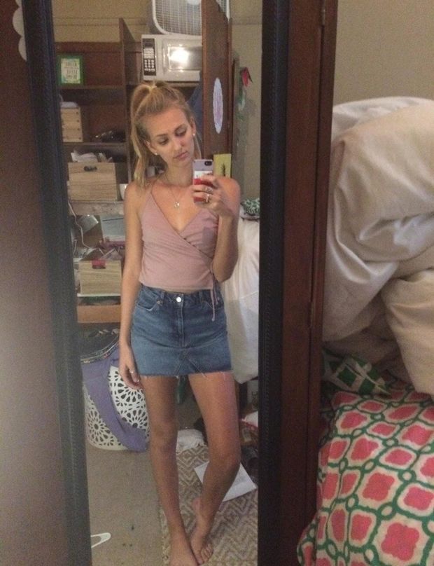 cute blonde selfie in tank top and jean skirt