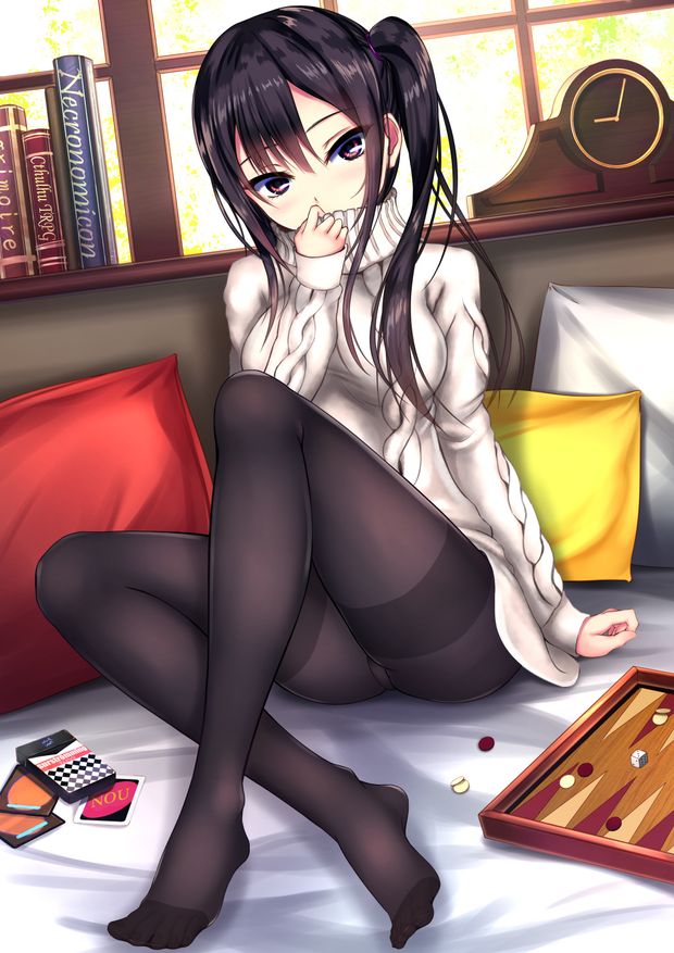 Sitting on the bed flashing pantyhose.