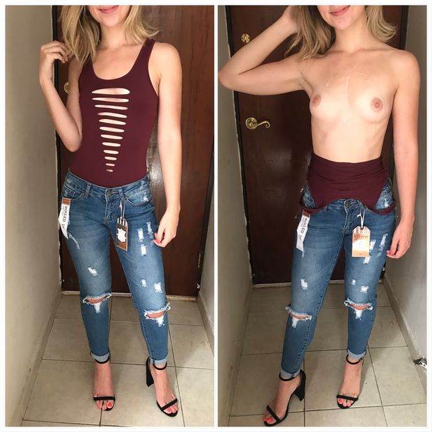 on/off - dressing room in jeans and ankle strap heels stripping off her blouse showing her small tits with cum on her tits