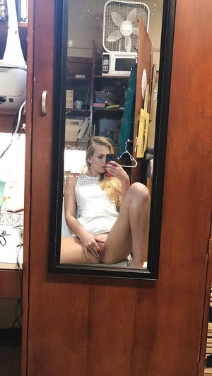 blonde selfie in dress with no panties playing with her pussy