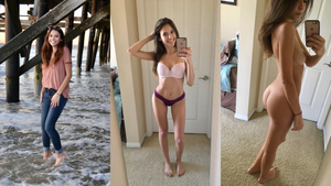 on/off - t shirt and jeans at beach bra and panties naked selfie