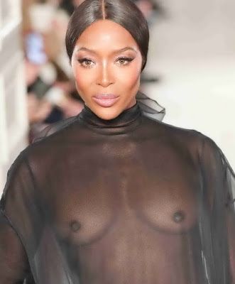 Naomi Campbell braless in see thru dress on Valentino fashion show Spring Summer 2019 Haute Couture Fashion Week UHQ