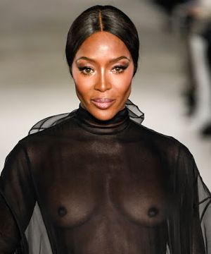Naomi Campbell braless in see thru dress on Valentino fashion show Spring Summer 2019 Haute Couture Fashion Week UHQ