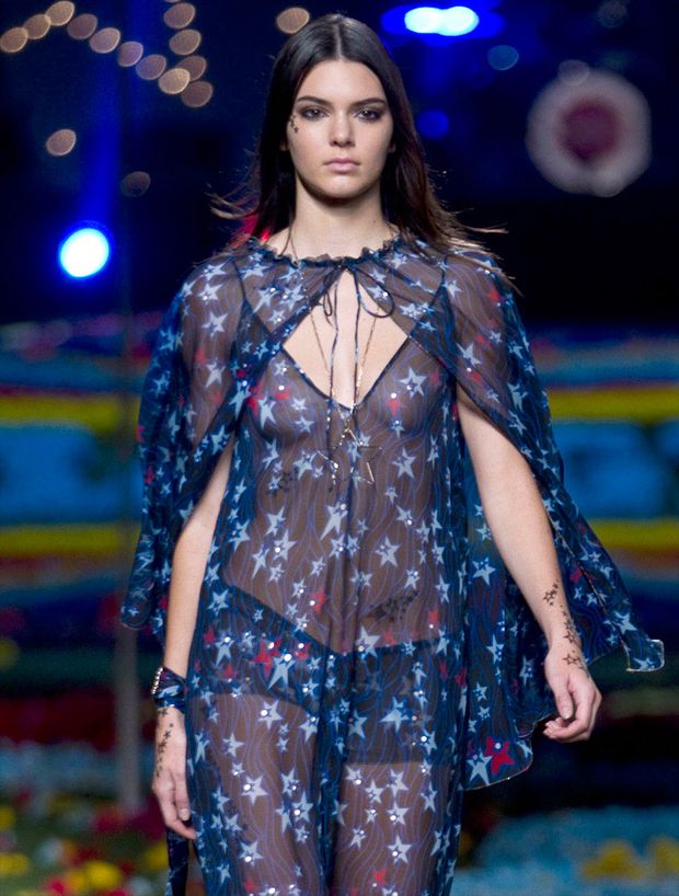 Kendall Jenner Braless and See Through on the Catwalk