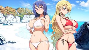 Anime 1920x1080 Hundred ecchi Claire Harvey Kashiwagi Miharu bikini beach sea smiling blue hair long hair blonde aqua eyes big boobs