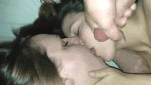 Amateur sluts kiss and share his cum