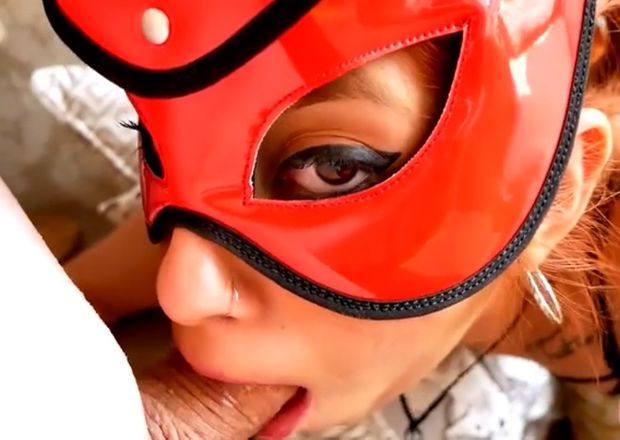Mila in mask, tight panties and shaved pussy