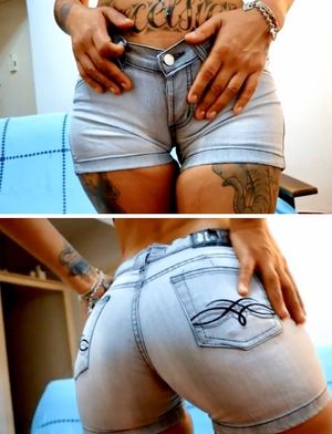 Sophie in tiny shorts and white thong