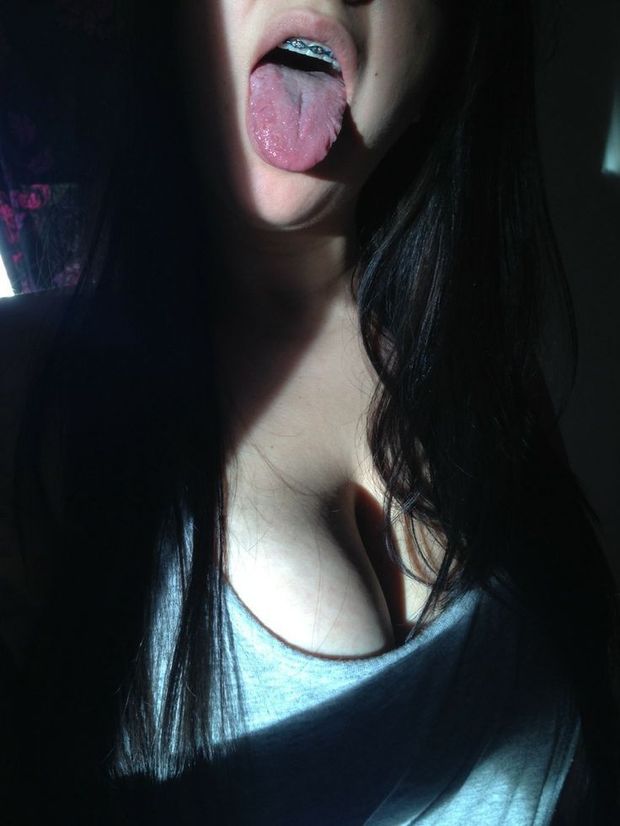 Tongue, braces and nice tits.