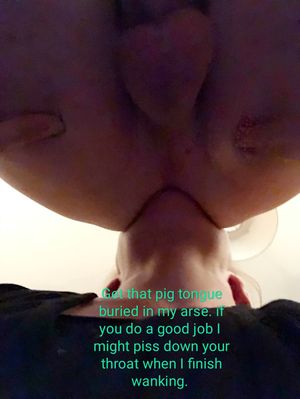 Dumb fuckpig loves eating ass while men jerk off