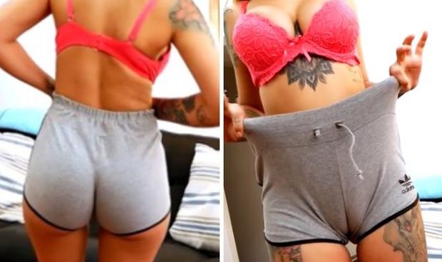Sophies purple thong under tiny shorts