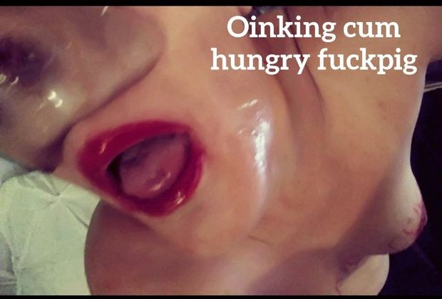 Dumb fuckpig oinking for cum off strangers
