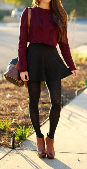 Bordeaux sweater, brown boots, black skirt and black leggings