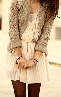 Grey sweater and white dress