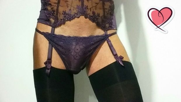My pirple thong and,suspenders with black stockings