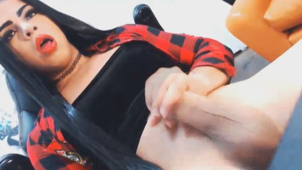 Hot, sexy and horny shemale in front of her webcam keeps on stroking her nice big cock Watch her stroking her big dick and make it hard and
