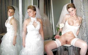 The bride wearing her dress and showing her assets nude.