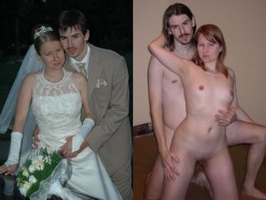 The bride and the groom appear dressed and nude.