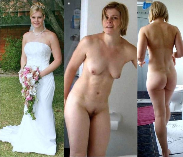 The bride wearing her dress and nude from the front and the back.