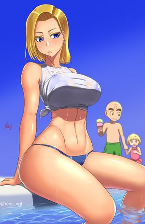 android 18, kuririn, and marron (dragon ball super and etc) drawn by tenji