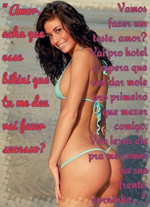 Esposa puta usando o bikini que o corninho deu, provocando ele com um jogo arriscado.