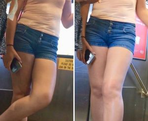 Hottie in tiny shorts riding the train