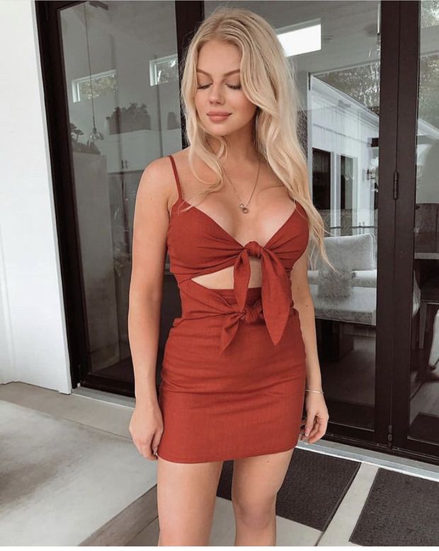 Hot blonde teen in orange dress