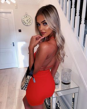 Hot blonde babe in red dress