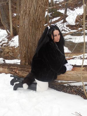 My wife Mercy leashed and tail plugged in the winter woods