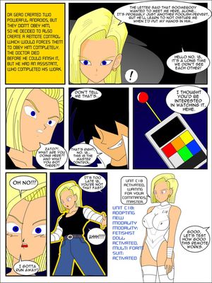 android_18 black_hair blonde_hair breasts comic dragon_ball empty_eyes expressionless femsub hypnotic_accessory jimryu large_breasts maledom remote_control short_hair standing standing_at_attention tech_control text