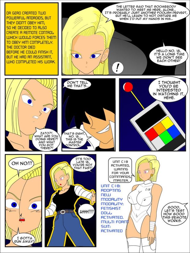 android_18 black_hair blonde_hair breasts comic dragon_ball empty_eyes expressionless femsub hypnotic_accessory jimryu large_breasts maledom remote_control short_hair standing standing_at_attention tech_control text
