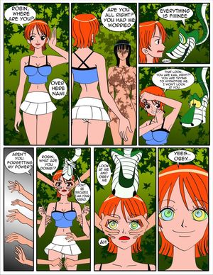 bare_shoulders black_hair bottomless breasts cleavage coils comic disney femsub happy_trance hypnotic_eyes jimryu kaa kaa_eyes large_breasts long_hair nami navel nico_robin nude one_piece orange_hair red_hair short_hair snake standing standing_at_attentio