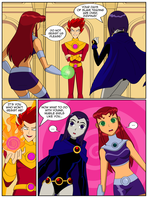 absurdres boots breasts comic dc_comics expressionless femsub grey_skin jimryu large_breasts long_hair magic maledom pale_skin purple_hair raven red_hair short_hair spiral spiral_eyes starfire super_hero symbol_in_eyes teen_titans text thigh_boots thighhi