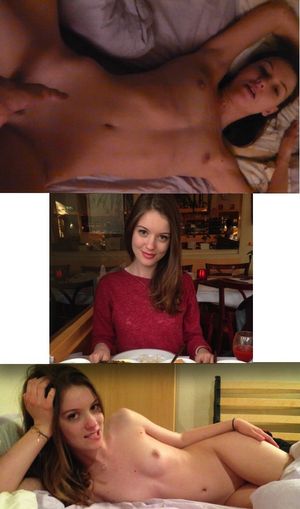 Cute brunette with and without clothes