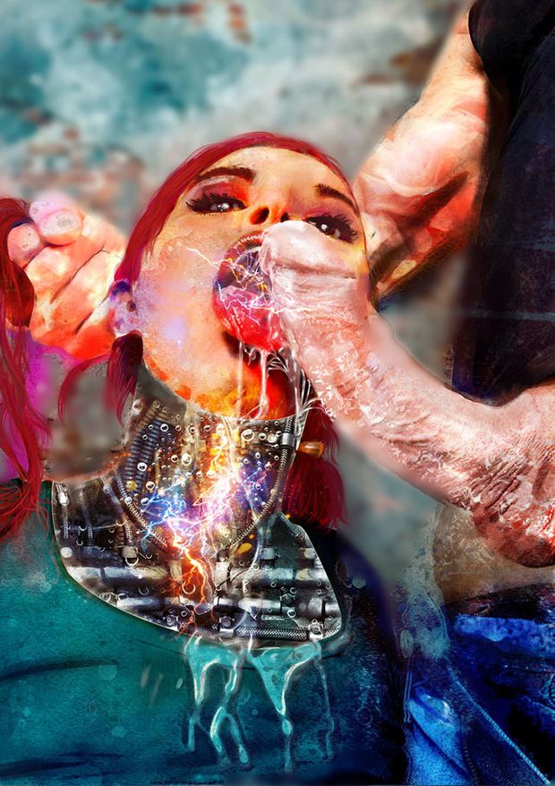 Cyborg Woman giving Blow Job. Painting by Adam Taha