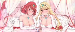 ass chibi cleavage dress hikari_(xenoblade_2) homura_(xenoblade_2) no_bra pantsu sherryqq skirt_lift thighhighs wedding_dress xenoblade xenoblade_chronicles_2