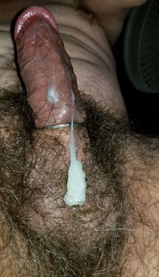 Engorged cock, cum flowing over hairy balls
