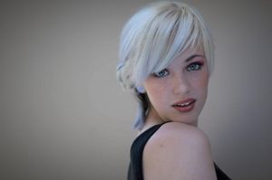 Pixie cut cute blonde with gorgeous eyes & lips