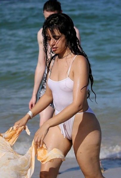 Camila Cabello in a Wet and See through Swimsuit in Miami