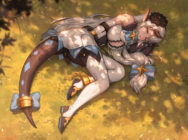 cleavage epic7 horns no_bra open_shirt pantyhose peachpa tail thighhighs yufine_(epic7)