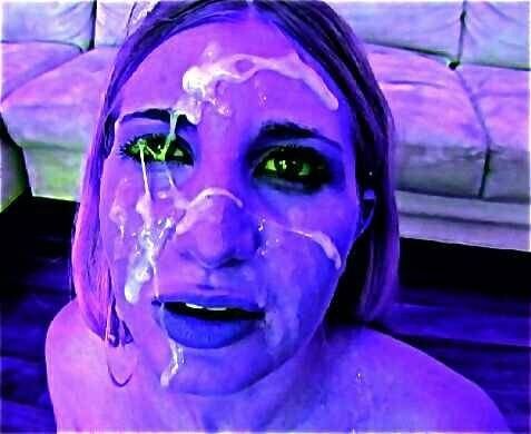 Purple woman staring with green eyes through semen