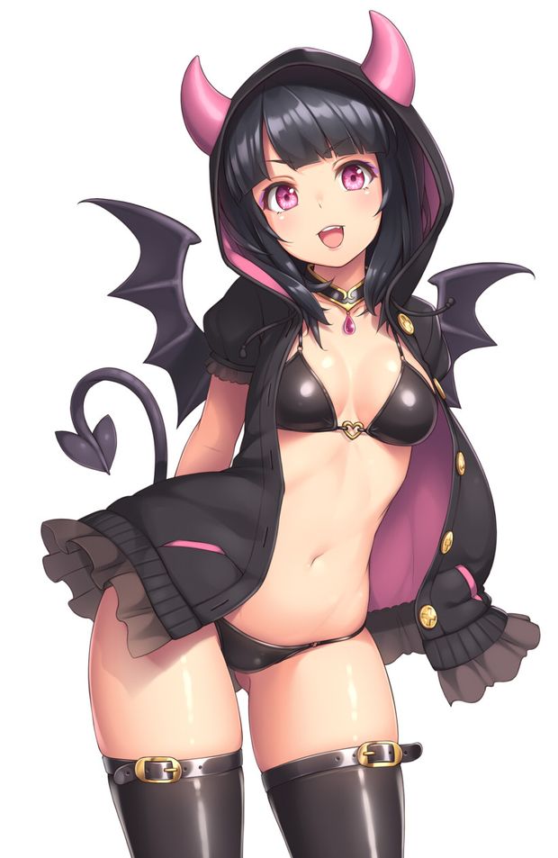 Excited demoness in a cute hoodie, leather thigh-highs and underwear.