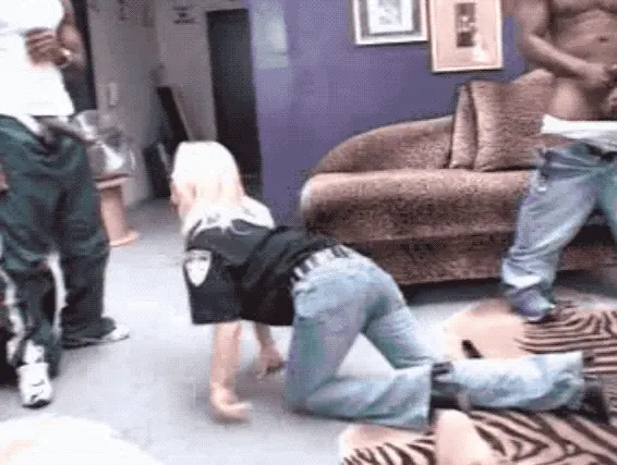 Blond teen slave crawls to black cock