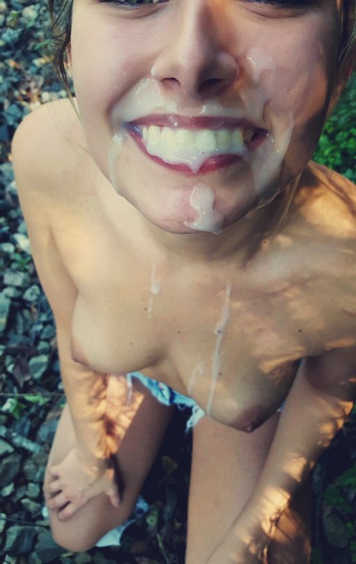 cum bukkake on her body with her mouth full of cum