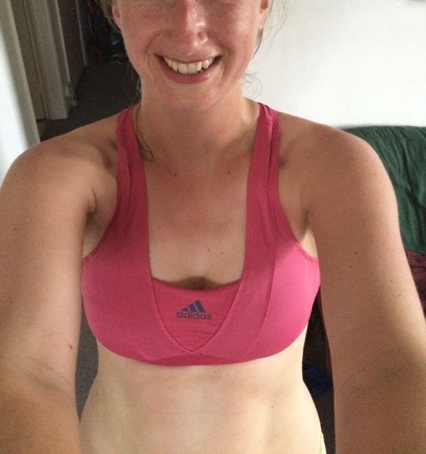Sweaty in a sports bra