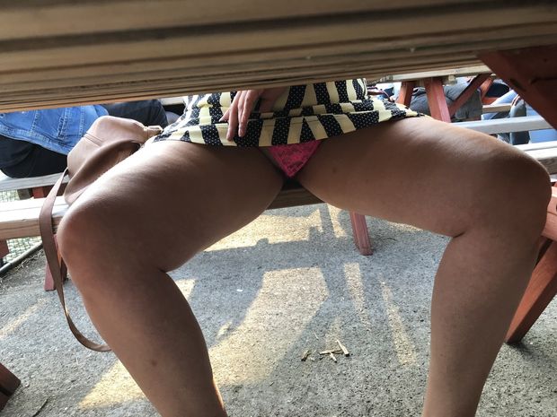 My beautiful wife flashes her panties and pussy