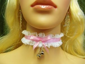 Choker Pink Satin White Lace Bells for Sissy
