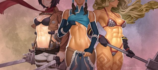 amazon, korra, and mikasa ackerman (the legend of korra and etc) drawn by erotibot