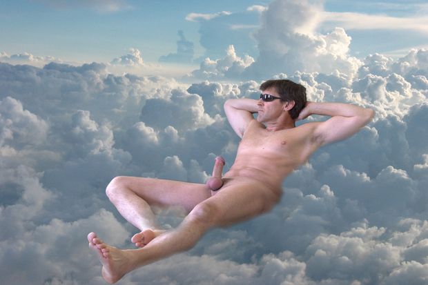 nude photoshopped male displaying erection in the clouds